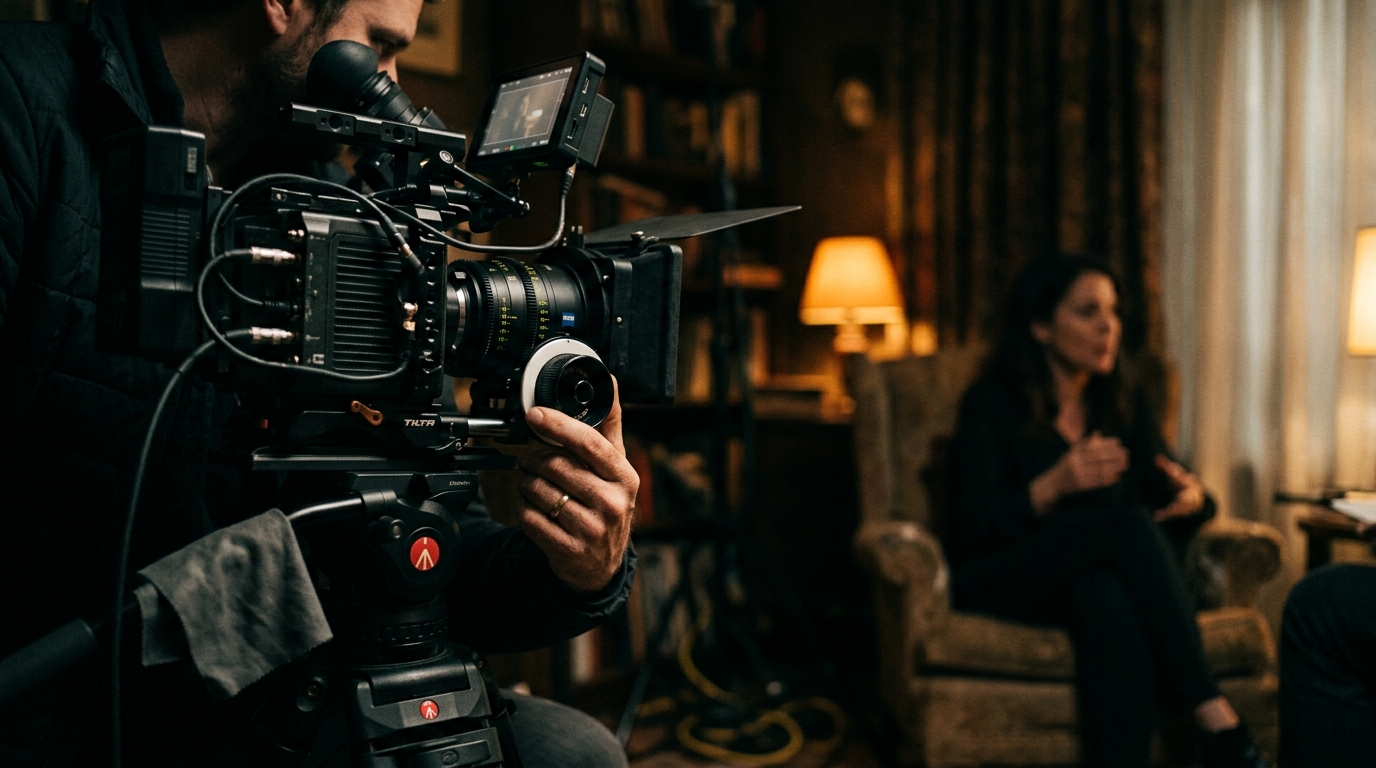 A cinema camera framing an out-of-focus subject on a documentary shoot, the operator's hand on the focus.