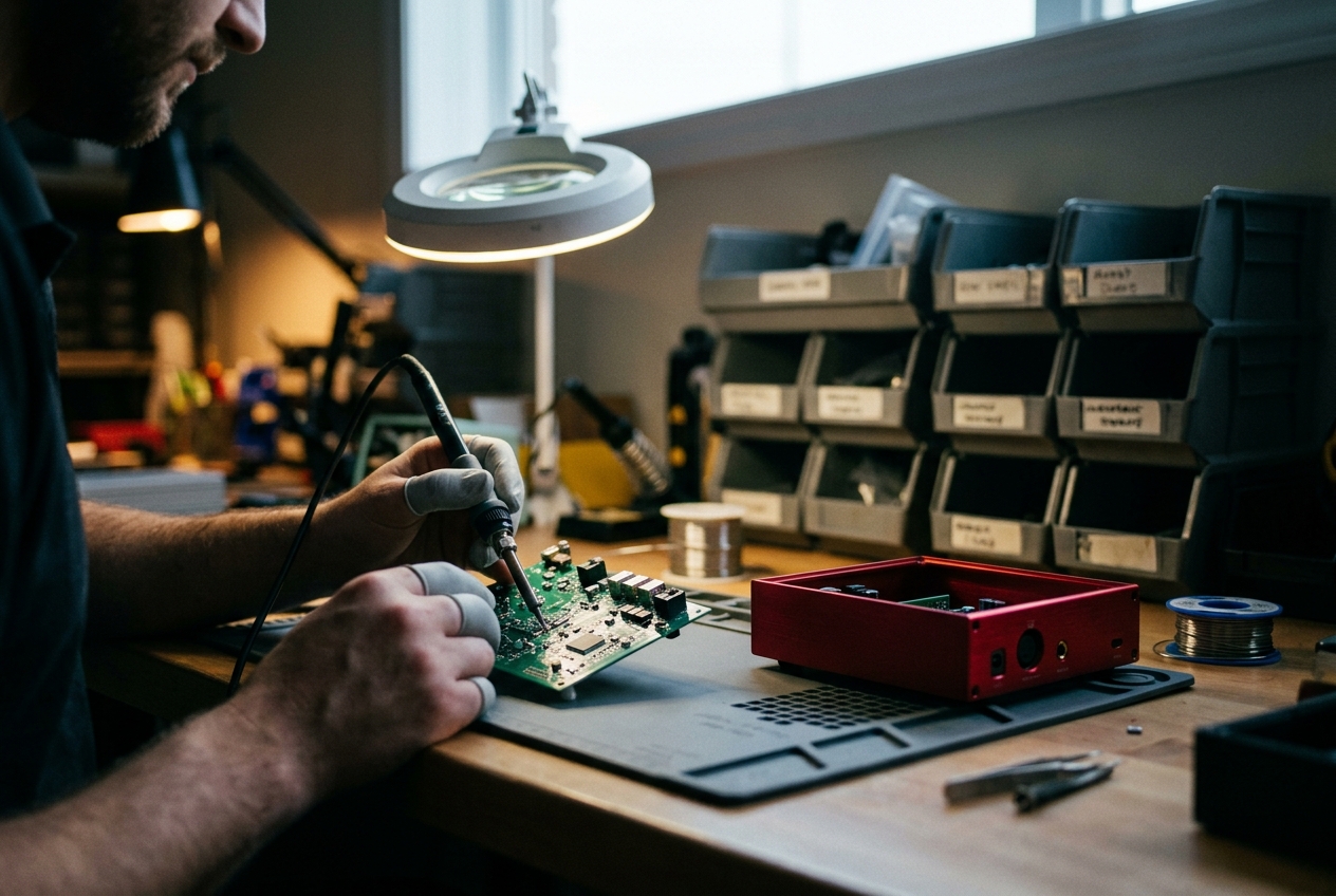 Hands hand-soldering a circuit board at an assembly bench, a red audio enclosure waiting beside it.