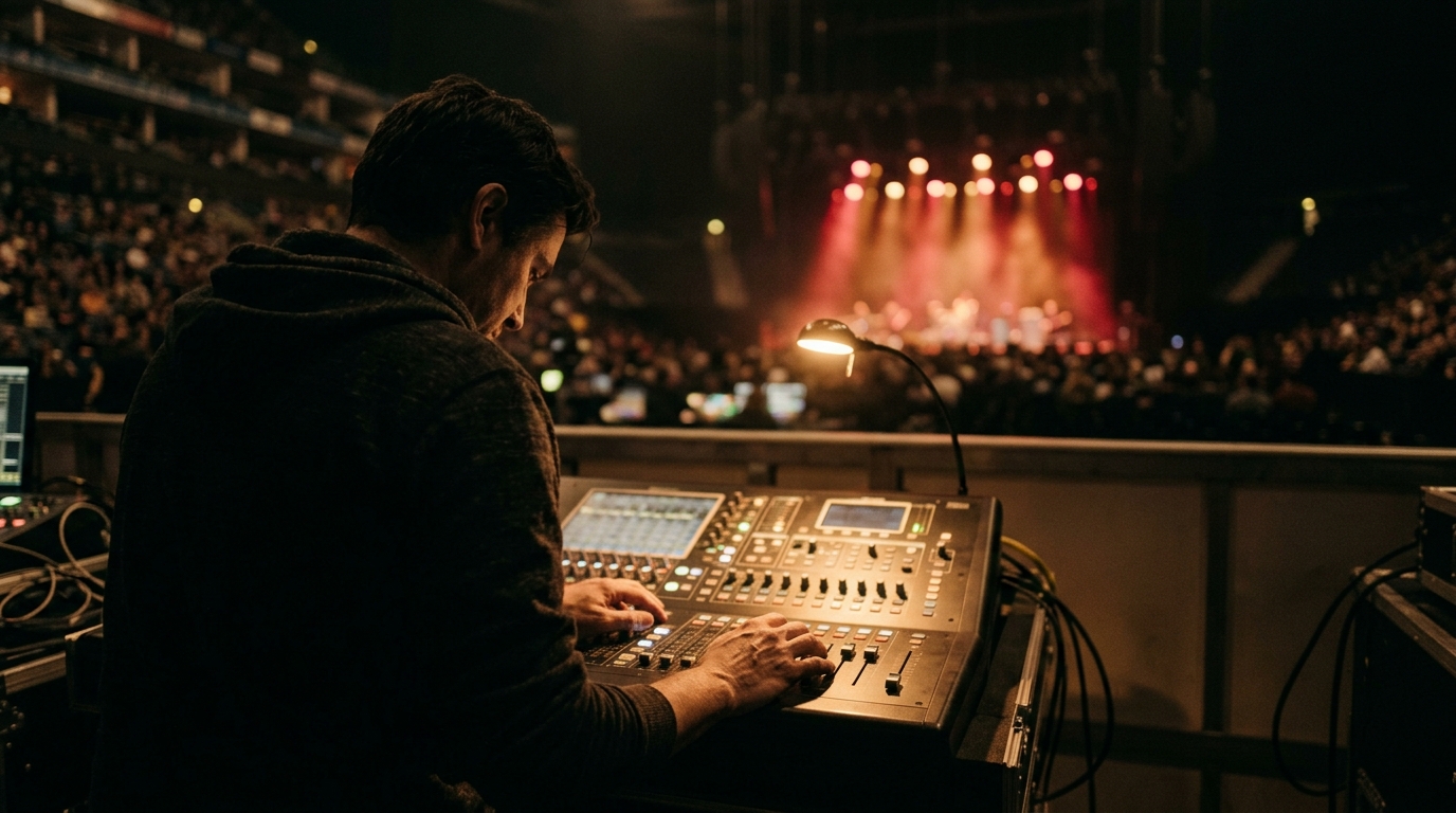 A front-of-house engineer at an arena mixing desk, seen from behind during a show.