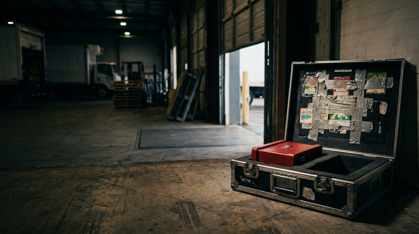 A worn touring road case opened in a dawn-lit loading dock, a red Radial direct box resting in the foam.