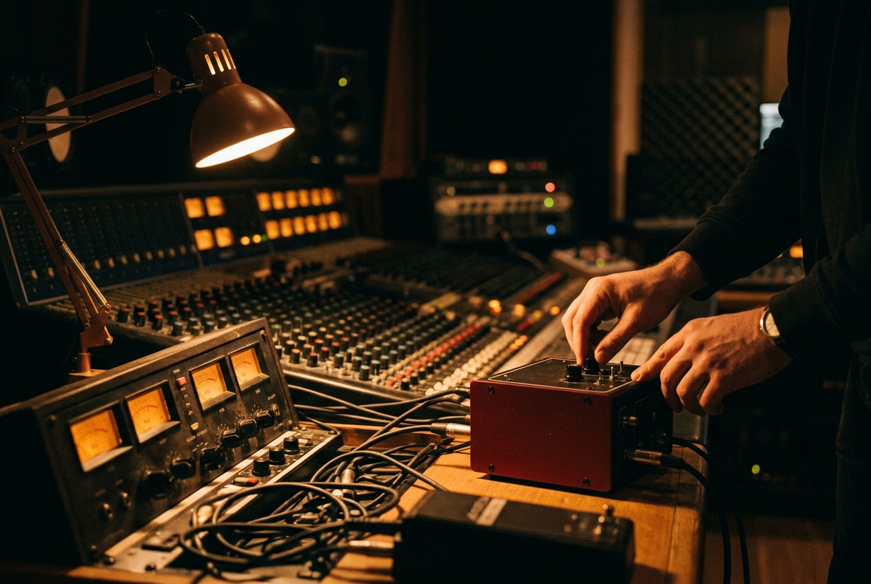 A recording engineer's hands on a red reamping box in a dim studio control room, lit by console meters.