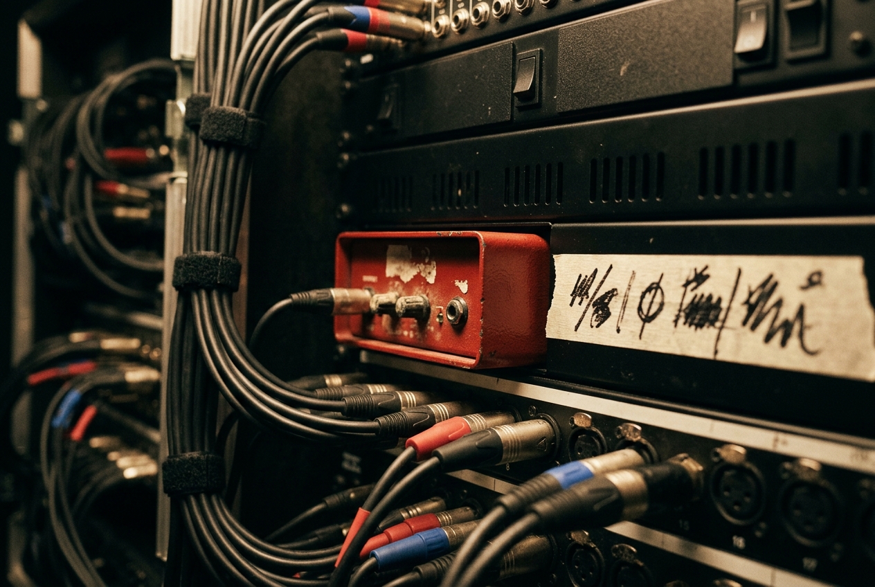 A close detail of a touring signal rack, a red direct box laced into black gear with a hand-labeled patch.