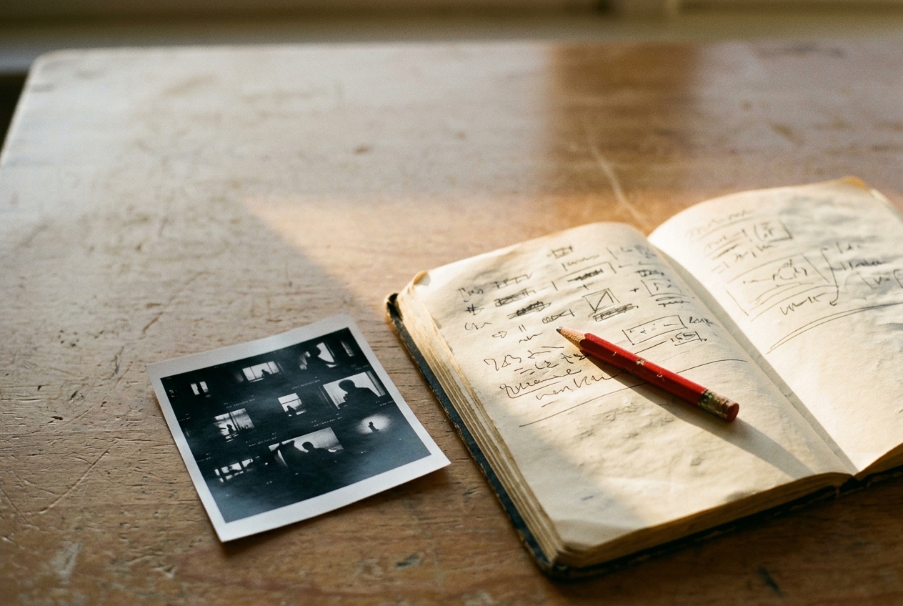 An open production notebook with a red pencil and a small contact sheet of film frames on a warm-paper desk.
